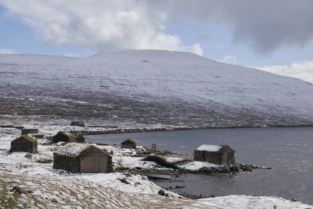 Nogle sneklædte huse i en sneklædt fjord.